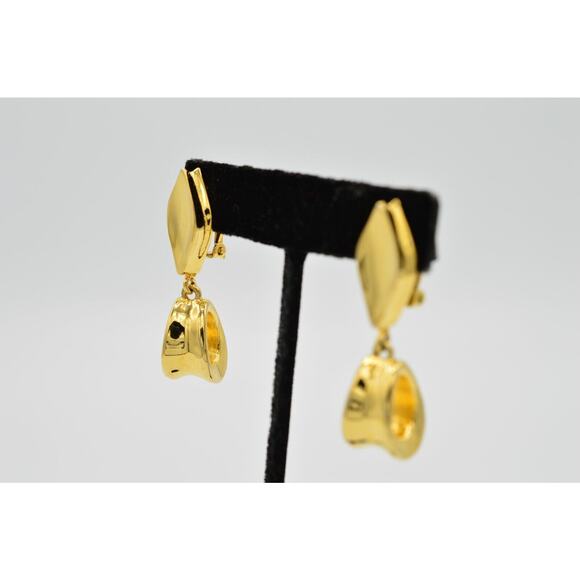 Givenchy Vintage Clip Earrings Metallic Gold Drop Dangle Chunky Signed 1980s 9I - Picture 4 of 11